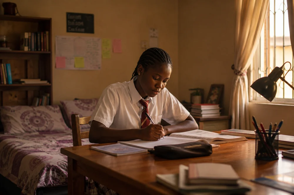 Nigerian secondary school student studying at her desk